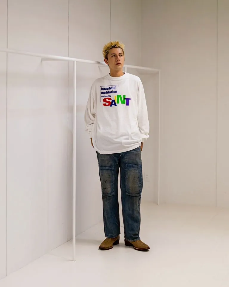 SAINT Mxxxxxx LS TEE/BEAUTIFUL SAINT/WHT Colorful SAINT slogan long-sleeved TEE White S-XL Cylindrical side seamless fabric Really made with care! Domestic printing factory OEM, original water slurry non-touch printing process, correct version, correct main mark/wash mark/little angel anti-counterfeiting mark